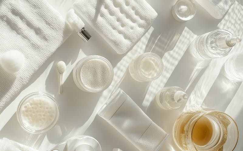 Aesthetic white-themed flat lay of skincare bottles representing Korean skincare products.